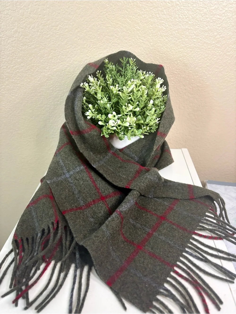 John Hanly Ireland Wool Cashmere Plaid Fringe Scarf Green Tartan Unisex